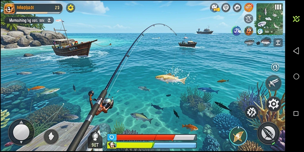 Tampilan gameplay seru dalam 9ET dengan aktivitas memancing yang menegangkan.