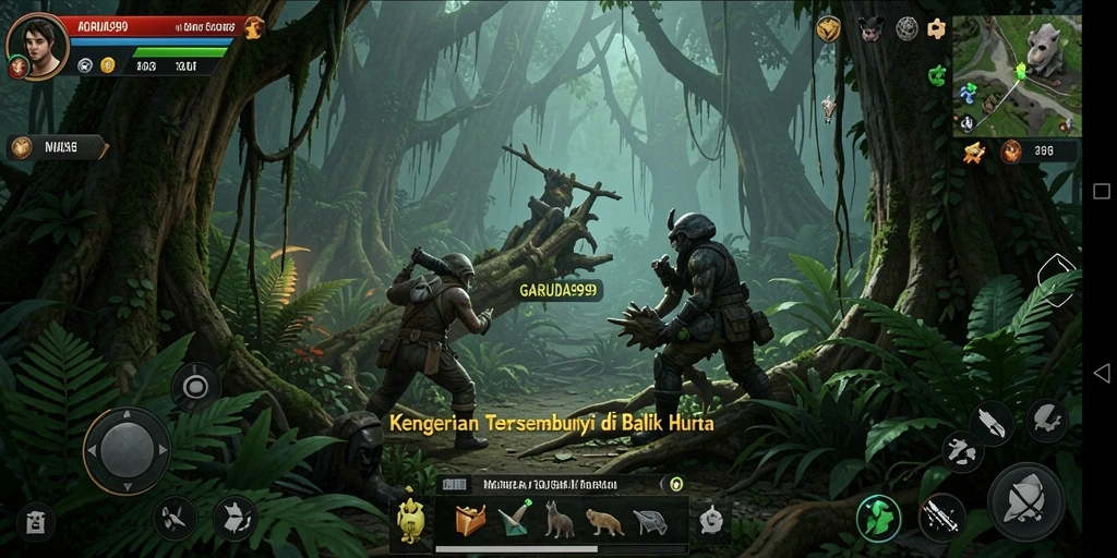 Tangkapan layar dari gameplay menegangkan GARUDA999 di tengah hutan gelap.