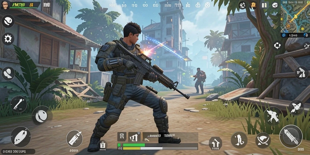 Screenshot gameplay KM789 dengan aksi tembak-menembak yang intens.