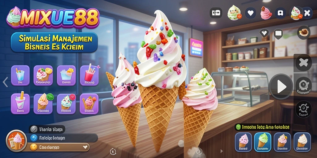 Screenshot utama MIXUE88 menunjukkan pemain mengelola toko es krim dengan antusias.