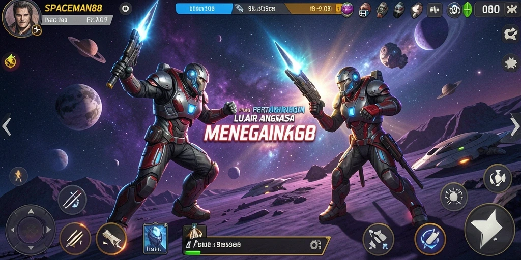 Tangkapan layar gameplay <strong>SPACEMAN88</strong> menunjukkan pertarungan luar angkasa yang intens dan menarik.