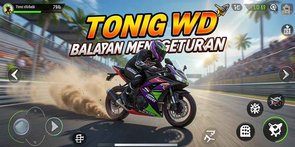 Screenshot utama TONGWD menampilkan aksi balapan motor yang seru.